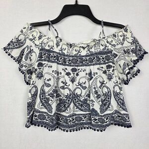 Charlotte Russe.Blue Paisley Off Shoulder Crop Top XS